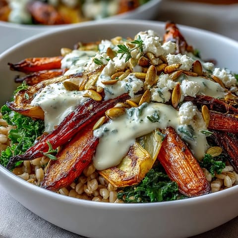 A close-up of a hearty winter grain bowl with roasted root vegetables, sautéed kale, and a creamy tahini drizzle over warm farro or quinoa.