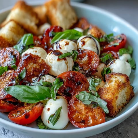 A vibrant Caprese Salad Bowl with creamy mozzarella, heirloom tomatoes, and fresh basil, topped with golden, crispy bread cubes.