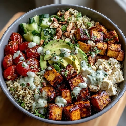 A vibrant Customizable Grain Bowl packed with roasted sweet potatoes, chickpeas, and fresh veggies drizzled in tahini.