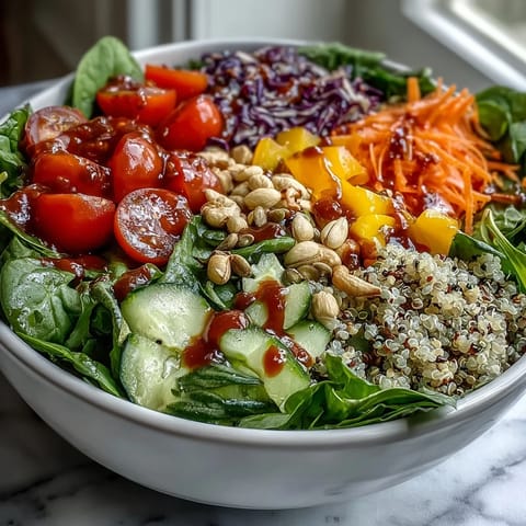 A close-up of the vibrant Rainbow Salad Bowl, showcasing fresh cherry tomatoes, shredded purple cabbage, and grated carrots on a bed of quinoa.