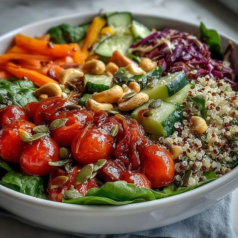 Overhead view of the Rainbow Salad Bowl, featuring a colorful medley of vegetables, beans, and crunchy nuts arranged on a white platter.