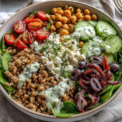 Vibrant Mediterranean farro bowl with colorful veggies, chickpeas, feta, and creamy tahini dressing in a serving dish.