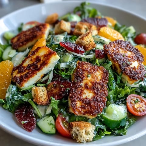 A close-up of the Halloumi Blood Orange Fattoush reveals crispy sourdough croutons and a zesty sumac dressing.  
