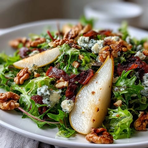 Freshly sliced pears and crumbled blue cheese atop frisée greens, garnished with crispy prosciutto for a savory crunch.