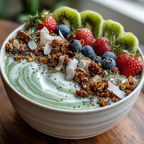 Colorful Hojicha Smoothie Bowl with banana base, fresh fruit, and crunchy granola texture.