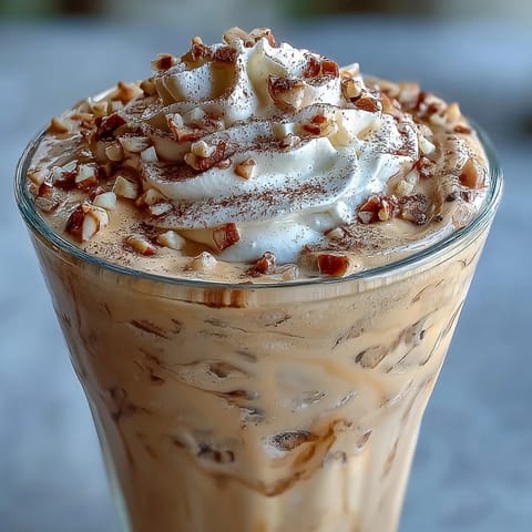 Creamy Hojicha milkshake in a glass with whipped cream and a dusting of roasted tea powder.