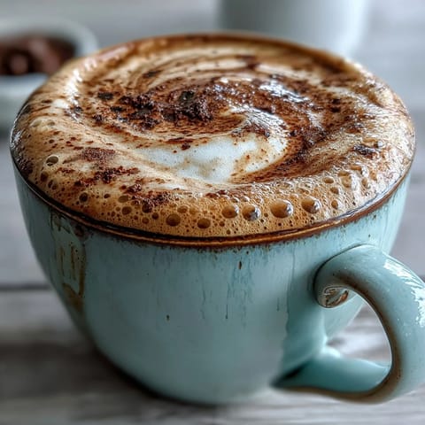 A cozy cup of Hojicha Cappuccino with rich, roasted tea aromas and a light dusting.