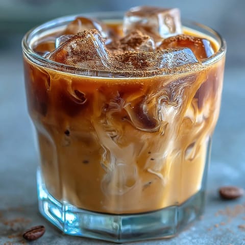 Two glasses of vibrant Iced Hojicha with Cinnamon feature dark roasted tea, creamy milk swirls, and a dusting of warm spice over ice. 