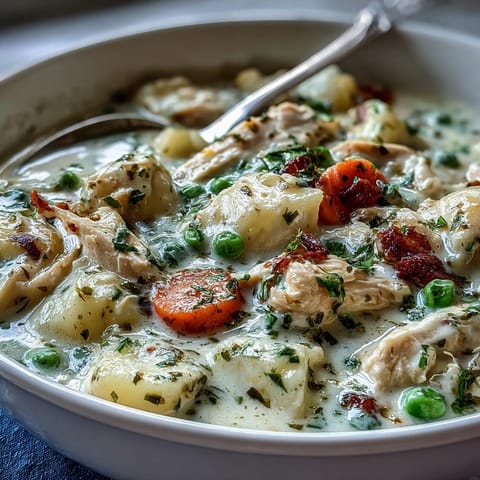 Creamy slow cooker chicken pot pie soup with tender chicken and vegetables in a rich, buttery broth, topped with flaky biscuits.