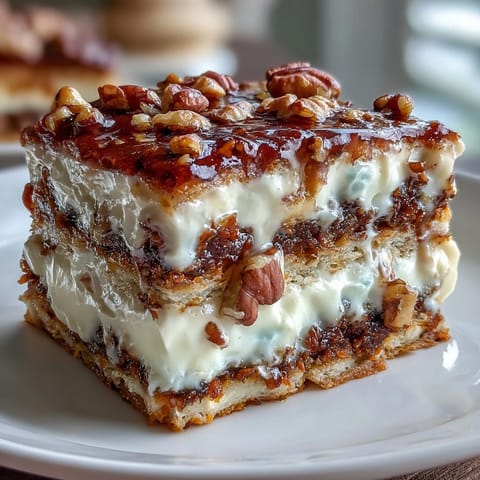 Moist carrot and walnut cake with cream cheese frosting, decorated with edible flowers and chopped nuts.