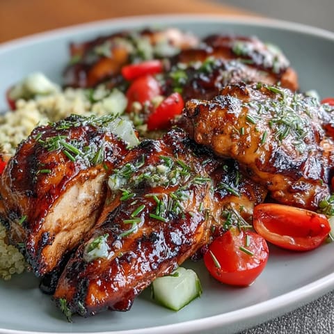 Zesty grilled chicken and fresh veggies drizzled with lemon vinaigrette in a healthy bowl.