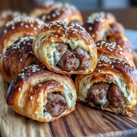 Golden, flaky pastry-wrapped cocktail sausages baked to perfection, served with tangy Dijon honey dipping sauce for a crowd-pleasing appetizer.