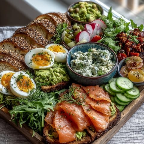 Spring Brunch Avocado Toast Board with Smoked Salmon, a vibrant platter with creamy avocado, smoked salmon, and fresh toppings for sharing.