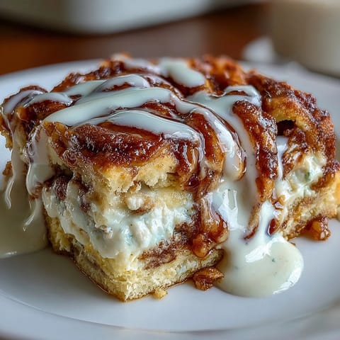 Cinnamon Roll Pancake Casserole with Cream Cheese Glaze: a warm, cinnamon-swirled breakfast bake topped with a rich cream cheese drizzle.