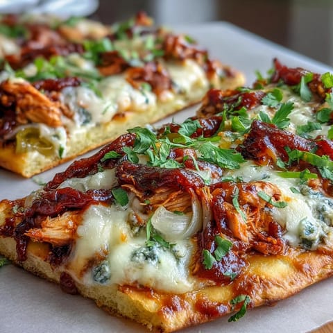 Smoky BBQ chicken flatbread pizza with melted mozzarella, red onion, and bell peppers, drizzled with tangy BBQ sauce and fresh cilantro.  