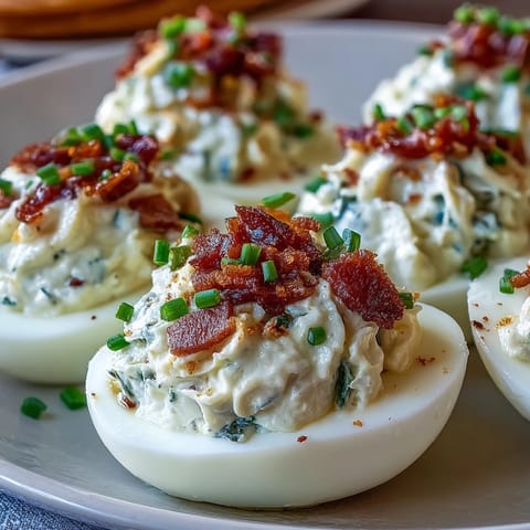 Spicy jalapeño popper deviled eggs with cream cheese, bacon, and jalapeño garnish on a white platter.