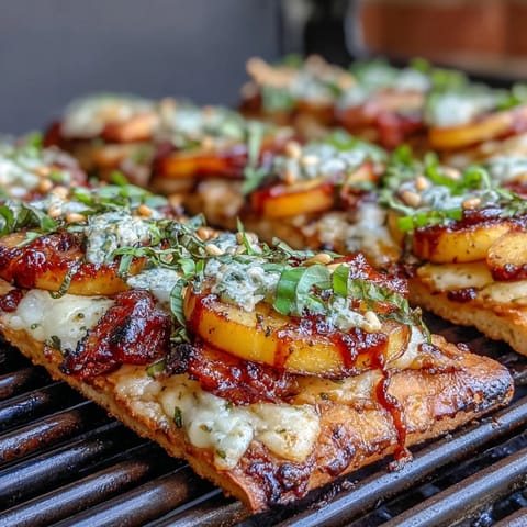 Grilled flatbread with BBQ sauce, melted Brie, and juicy peaches, topped with red onion and fresh basil for a summery flavor burst.
