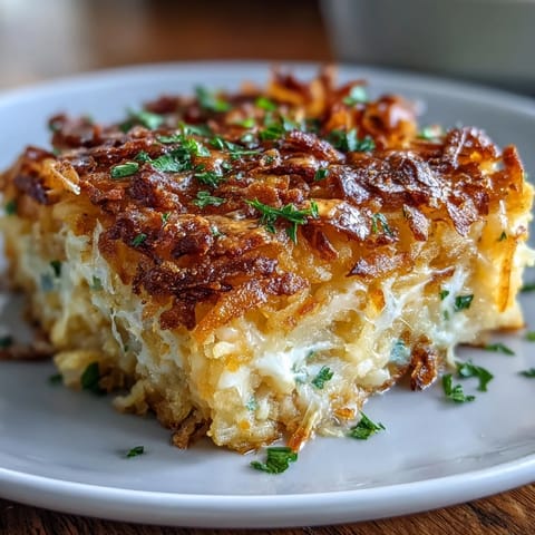 Creamy cheesy hash brown casserole with golden cornflake topping, baked until bubbling and irresistible.