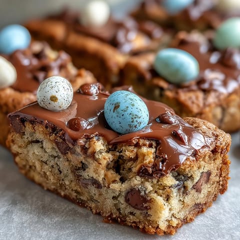 Peanut Butter Easter Egg Cookie Bars with colorful candy pieces in a chewy, golden-brown bar, ready to serve at a festive spring table.