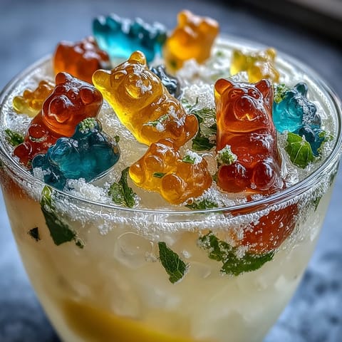 Gummy Bear Lemonade Jelly Cups: vibrant, set dessert with colorful bears suspended in lemon jelly.