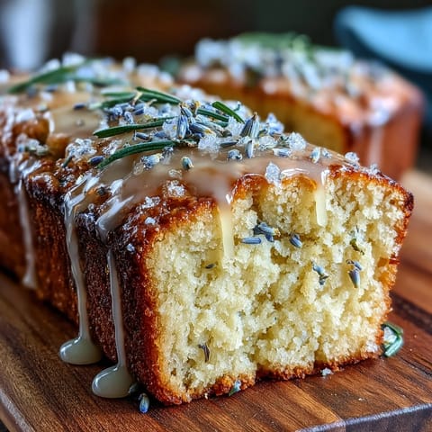 Moist lemon lavender loaf cake with sweet honey glaze, ready for teatime.