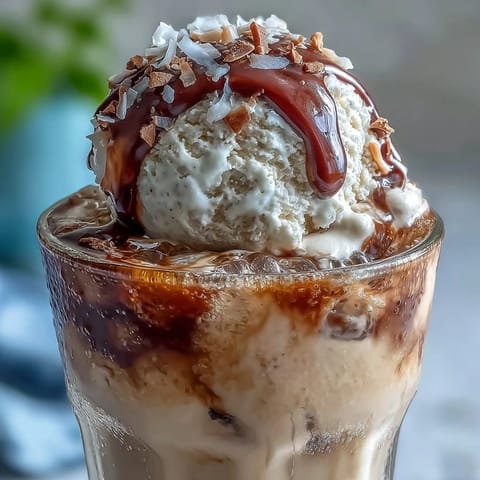 Creamy coconut cold brew float with vanilla bean ice cream, a perfect summer treat.