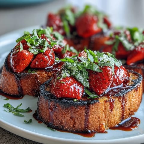Vibrant strawberry balsamic bruschetta bursting with fresh flavors on grilled sourdough.
