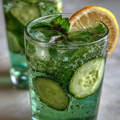 Sparkling Cucumber Mint Lemonade Mocktail glistening with ice and fresh garnishes.