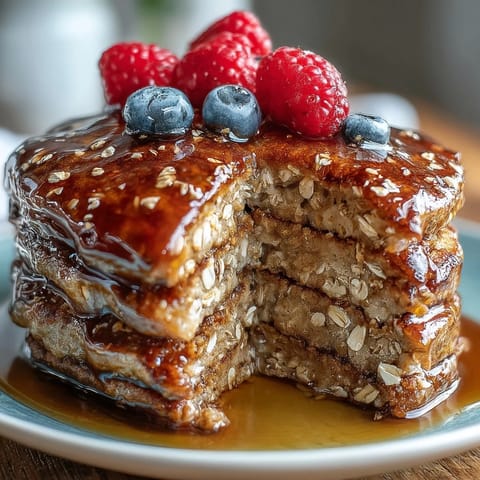 Fluffy protein pancakes, showcasing ground flaxseed and a warm, inviting glow.