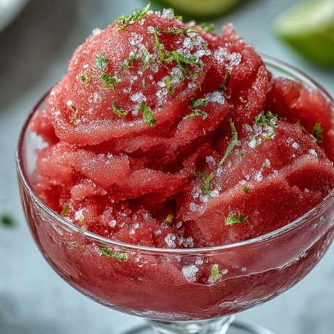 Vibrant watermelon sorbet, a simple, frosty, three-ingredient summer delight.