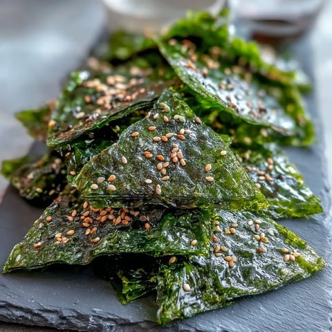 Crispy seaweed snack chips with sesame seeds, brushed with sesame oil.