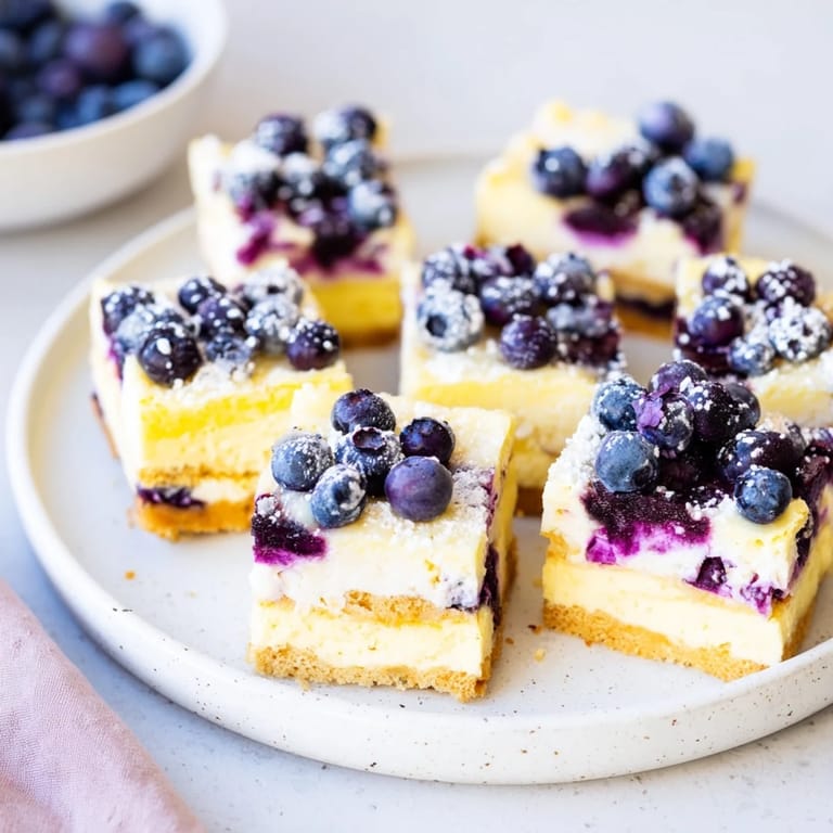 A close-up of buttery, layered Decadent Lemon Curd and Blueberry Squares, ready to be sliced and enjoyed.