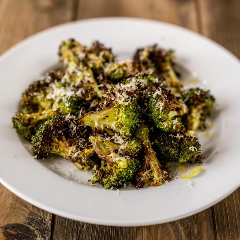 Close-up of Simple Garlic and Parmesan Roasted Broccoli; tender, roasted florets tossed with Parmesan.
