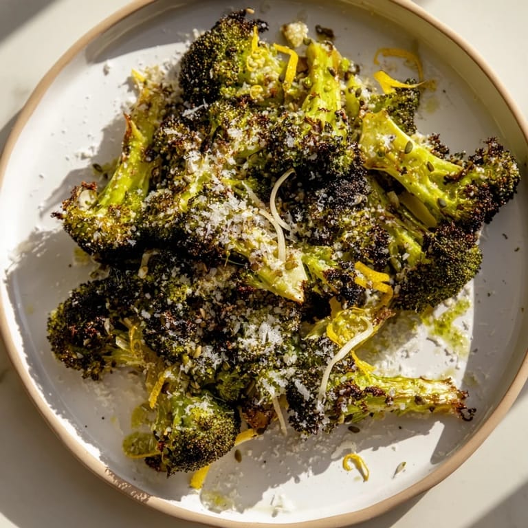 Vibrant green Simple Garlic and Parmesan Roasted Broccoli, ready for dinner with its garlic and Parmesan aroma.