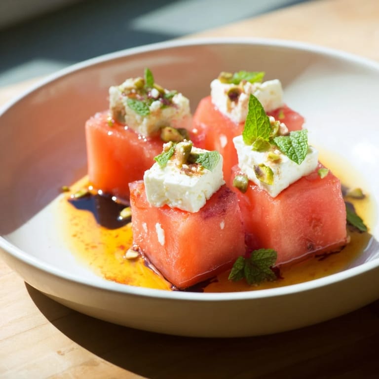 Bright, colorful Fresh Watermelon and Feta Salad; ready to serve on a platter, Mediterranean inspired.