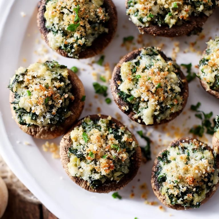 Golden-topped Creamy Spinach and Artichoke Stuffed Mushrooms offer a rich, cheesy, and tender bite.