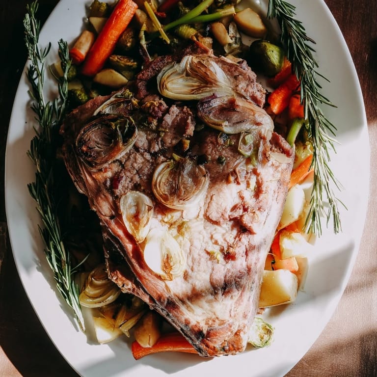 A close-up shot of slow-roasted lamb shanks, showcasing perfectly cooked meat with flavorful, visible herbs.