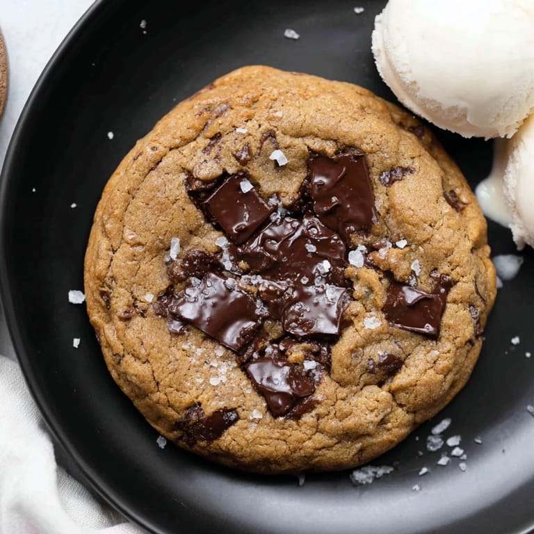 Freshly baked Warm Chocolate Chunk Skillet Cookie, with melty chocolate and a sprinkle of salt.