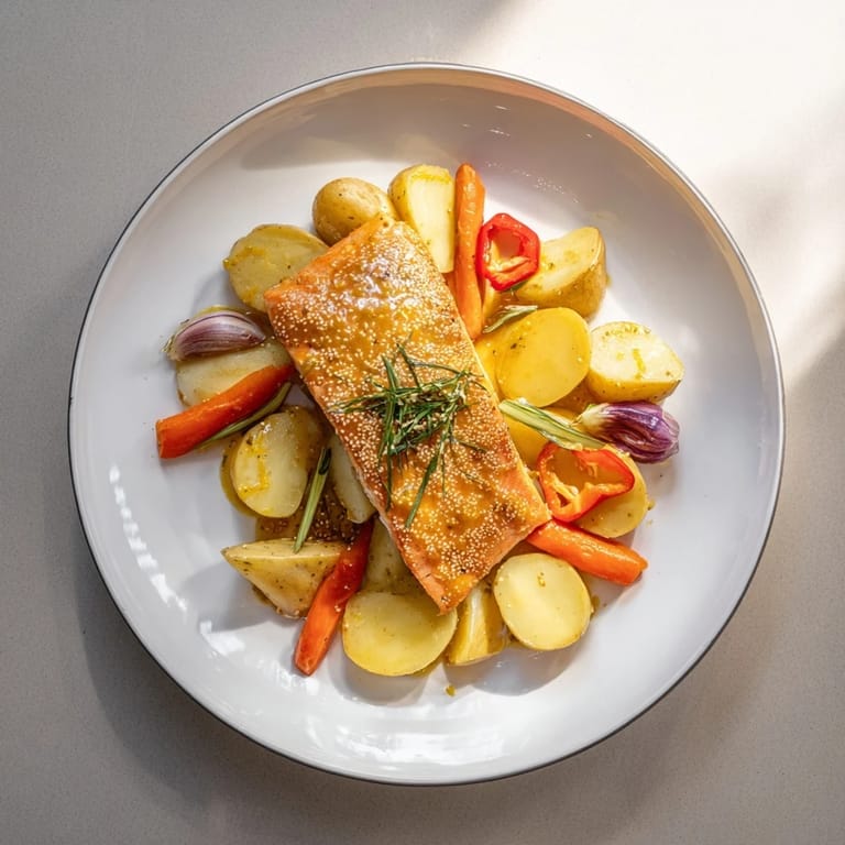 Fragrant One-Tray Baked Salmon with Honey Mustard Sauce, served with roasted potatoes and a tangy glaze, ready to eat.