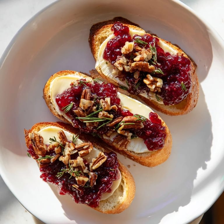 Warm, cheesy Festive Holiday Cranberry and Brie Crostini, topped with vibrant cranberry and herbs, ready to serve.