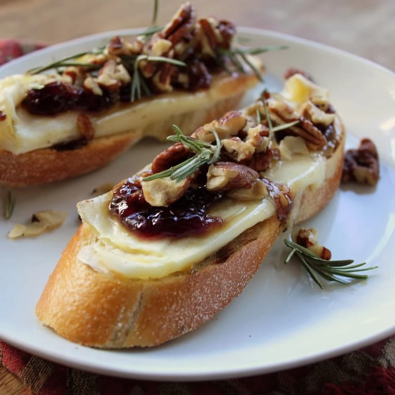 Toasted baguette slices topped with creamy Brie and cranberry sauce, making delicious Holiday Cranberry and Brie Crostini.