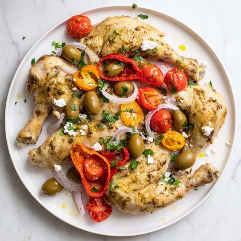 A perfectly roasted Easy Sheet Pan Greek Chicken dish smells aromatic with herbs and flavorful vegetables.