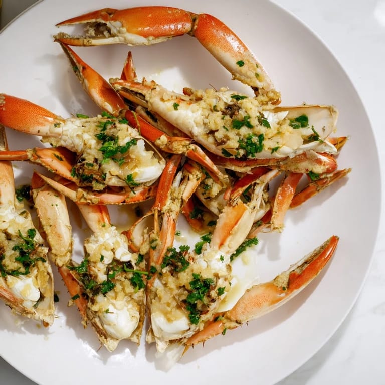 Close-up of elegant pan-seared scallops, highlighting their crispy edges and rich garlic butter topping.