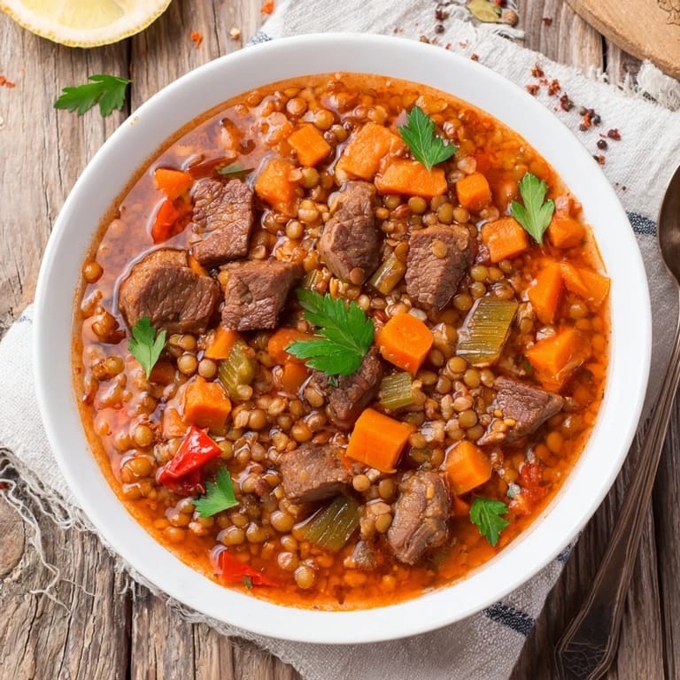 A close-up shot of rich One-Pot Spicy Beef and Lentil Soup, topped with fresh cilantro garnish.
