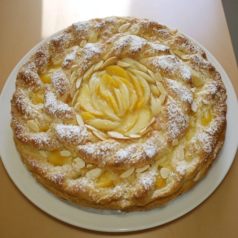 A close-up of a rustic peach and almond tart with a flaky crust, perfect for dessert tonight.