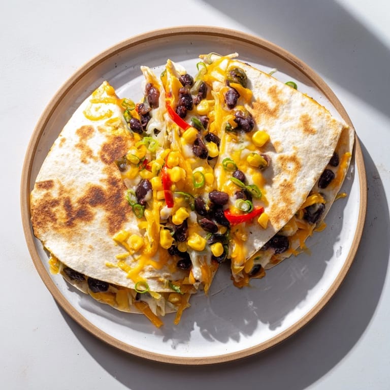 A close-up of a perfectly cooked Quick Black Bean and Corn Quesadilla, ready to serve with all the fixings.