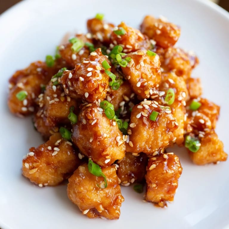 Close-up of freshly fried Honey-Sriracha Chicken Bites, coated in glossy sauce and ready to be served.