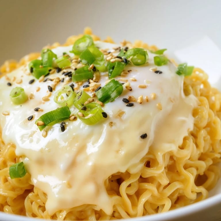 This Instant Cheese Ramen Bowl has a perfectly poached egg and green onion garnish adding a fresh appeal.