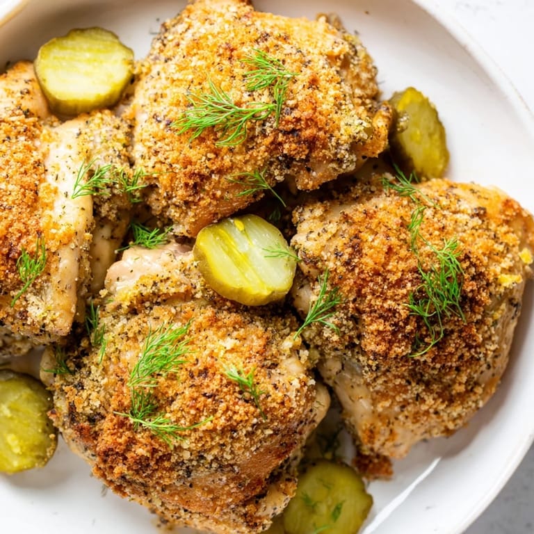 Oven-baked Pickle Ranch Chicken with crispy edges, complemented by fresh dill and tangy pickle slices.