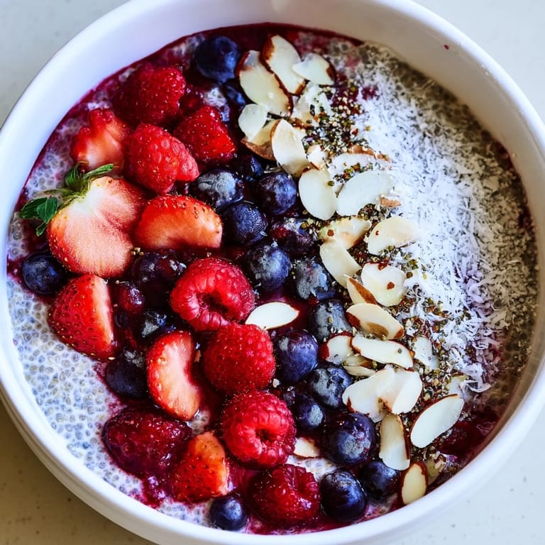 A jar filled with berry chia pudding: thick and creamy, topped with vibrant, fresh berries.